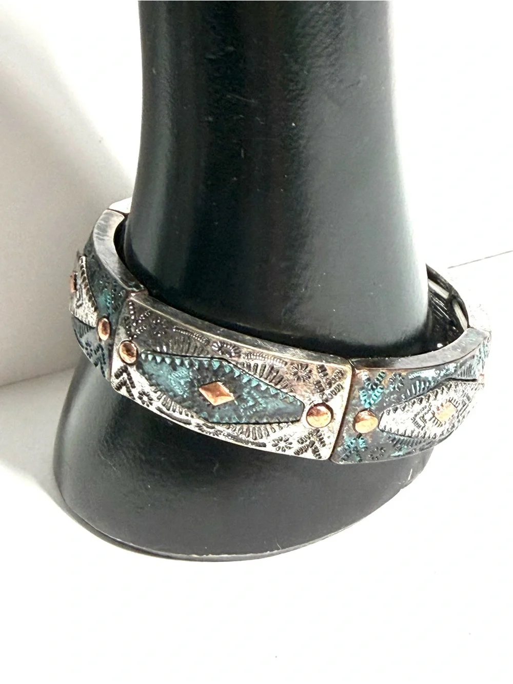 Southwestern Style Stretch Bracelet Heavy Patina Copper Accents Boho Chic